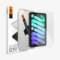 AGL03824 - iPad Mini 6 Screen Protector EZ FIT GLAS.tR showing the device, screen protector, ez fit tray and packaging